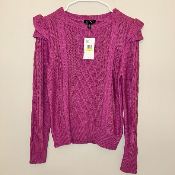 Jessica Simpson Ruffled Pullover Sweater Womens Small Rosebud Cable Knit NEW - Picture 1 of 11